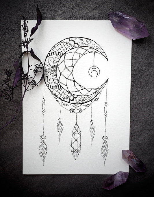 Moon Mandala and Crystals Linework